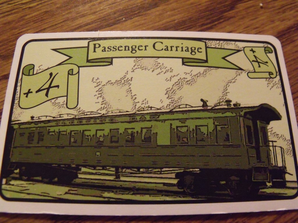 A typical passenger card. The game refers to them as carriages, but these are clear stylized images of American equipment, and therefore railcars, or coaches