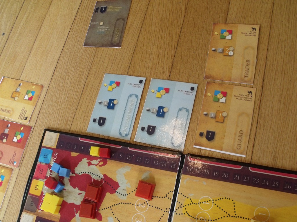 The Roman empire successfully drives off the  Bandit with a defense value of 3 built cards; each yielding 1 defense